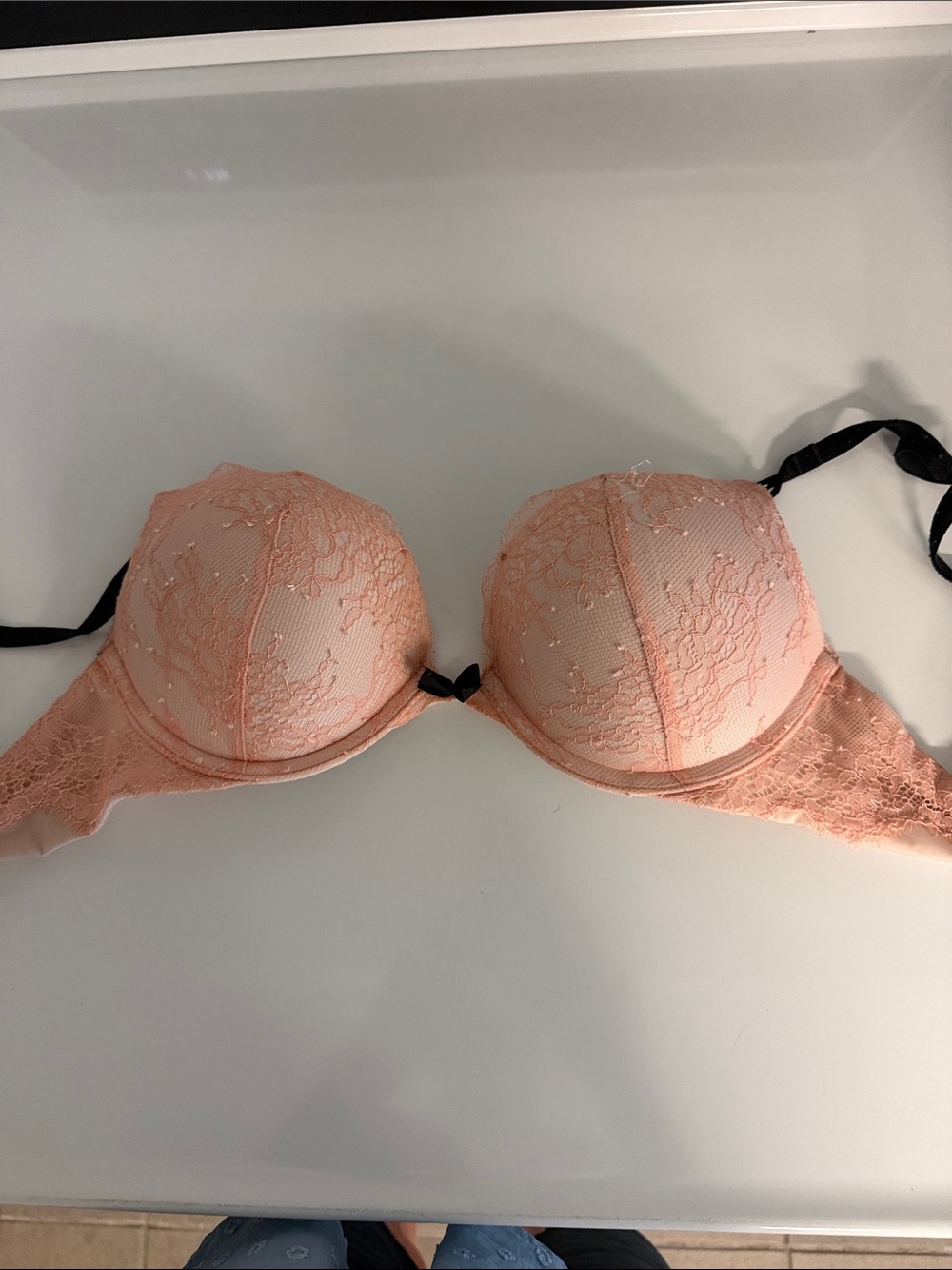 Victoria's Secret Peach Lace Push-Up Bra with Black Straps